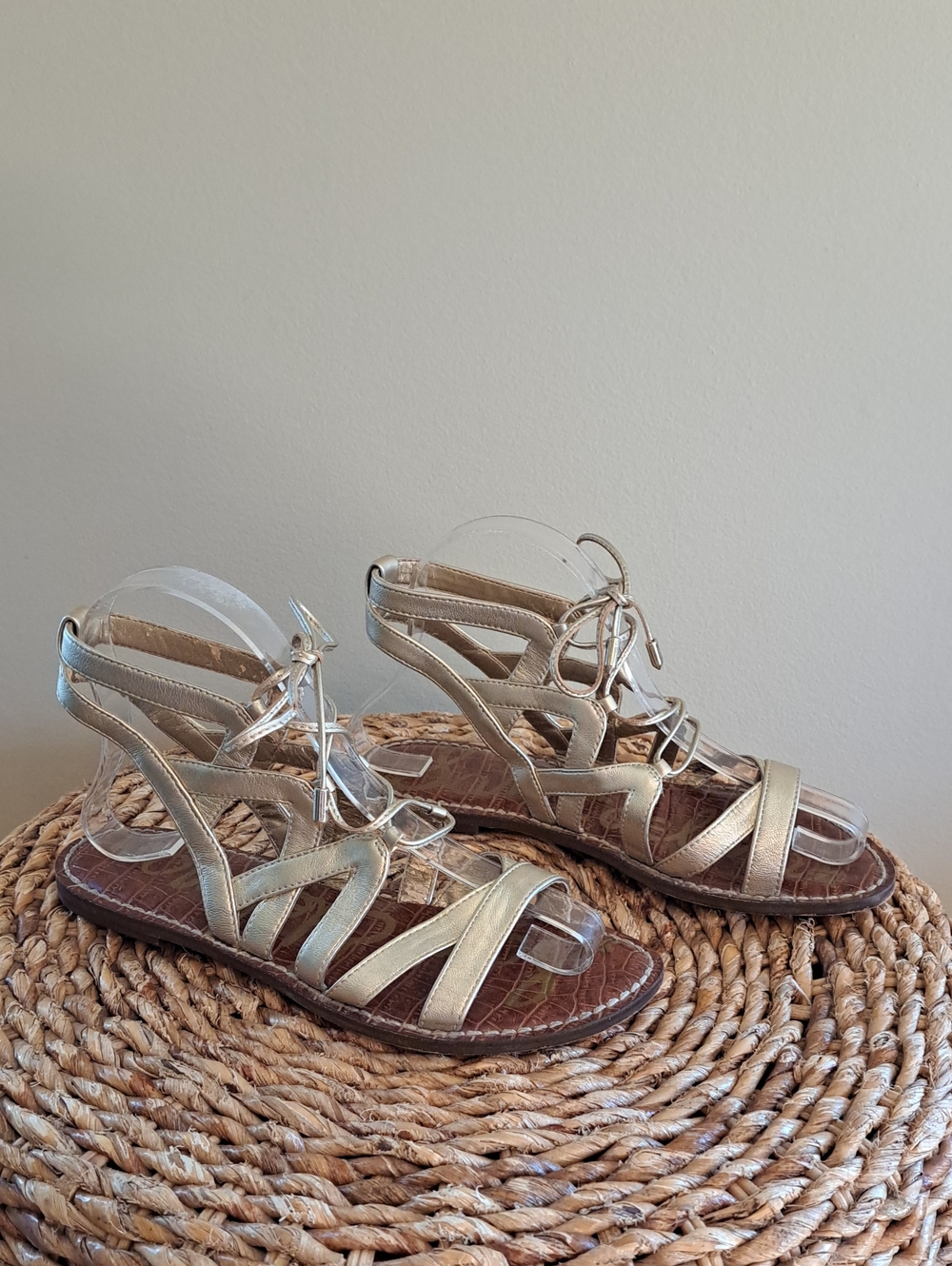 Sam Edelman Womens Greta Metallic Champagne Gold Leather Gladiator Sandals 6